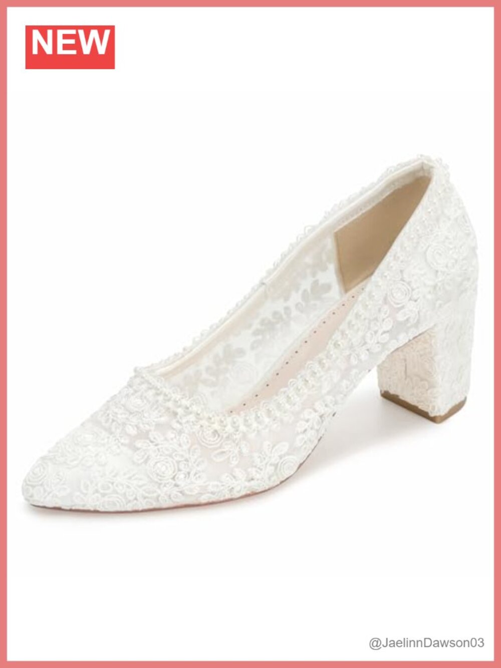 Women's Closed Toe Bridal Pumps, 2.56 Inch Block Heel, Lace Pearl Wedding